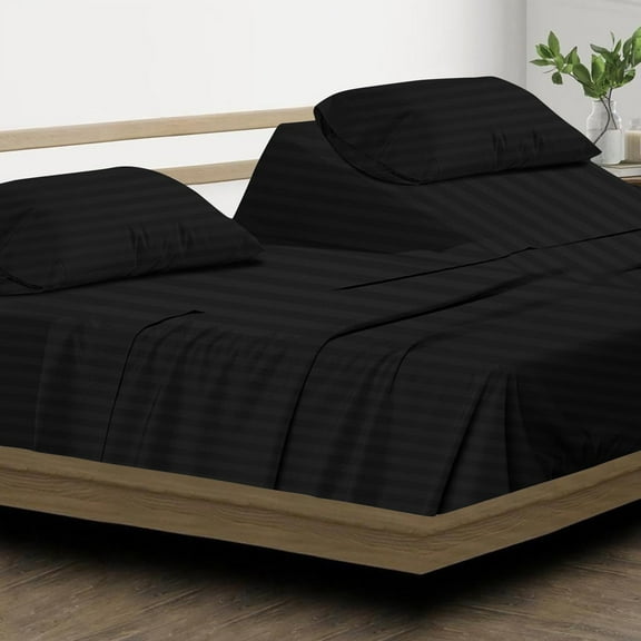 DNG Creations 4 Piece Split Top Queen Adjustable Flex Top Sheet Set 800 TC, 100% Egyptian Cotton 21 Inch Deep Pocket - 32" Split from The Top ( Stripe Black )