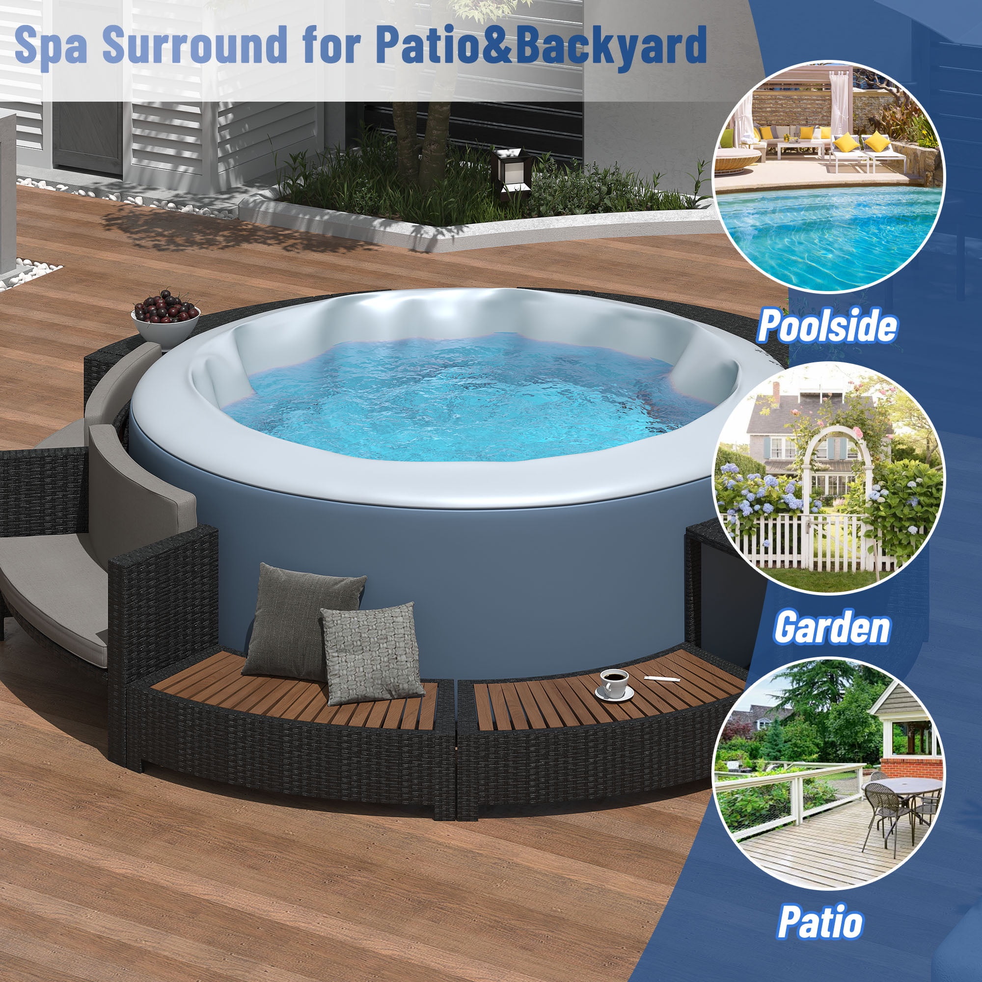 Round Hot Tub Surround Furniture, Spa Surround Outdoor Rattan Sectional Sofa Set with Mini Sofa, Solid Acacia Wood Hot Tub Storage Surround Patio Furniture Set, Gray Cushion