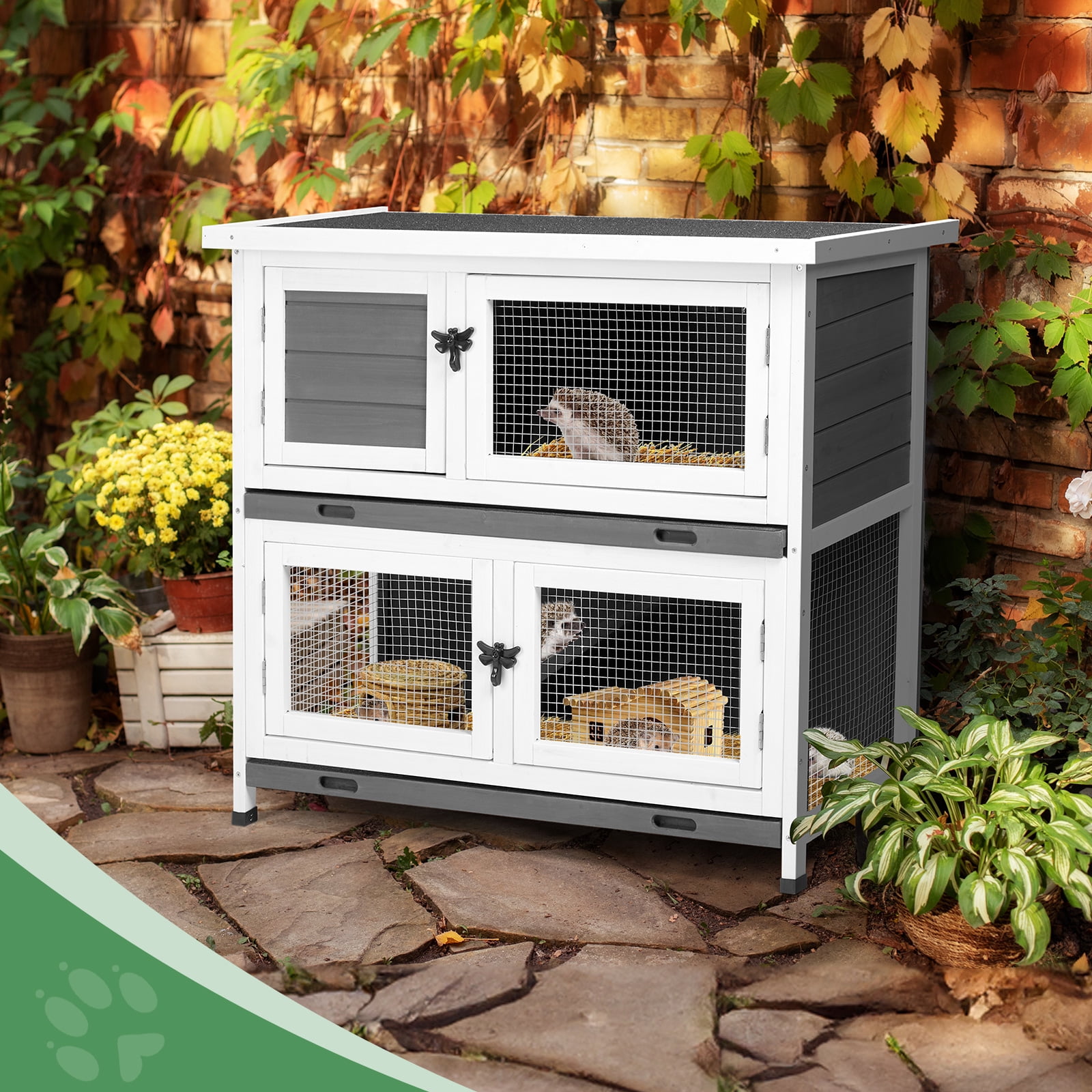 2 Story Solid Wood Rabbit Hutch Bunny Cage with 2 Large Main Rooms, Indoor Outdoor Rabbit House Guinea Pig Cage Pet House for Small Animals with 2 Removable Trays, Grey
