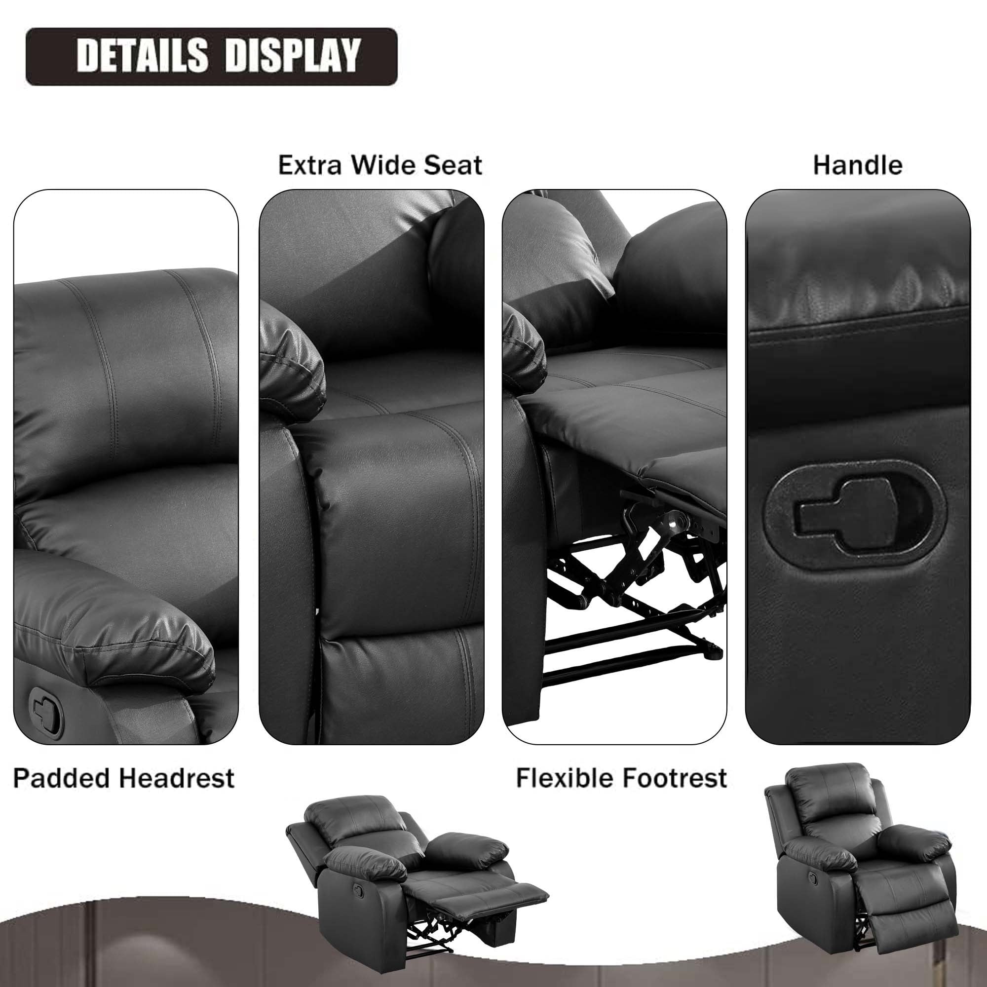 Aukfa Leather Recliner Chair, 38" Overstuffed Armchair Living Room Read Chair for Adults, Black
