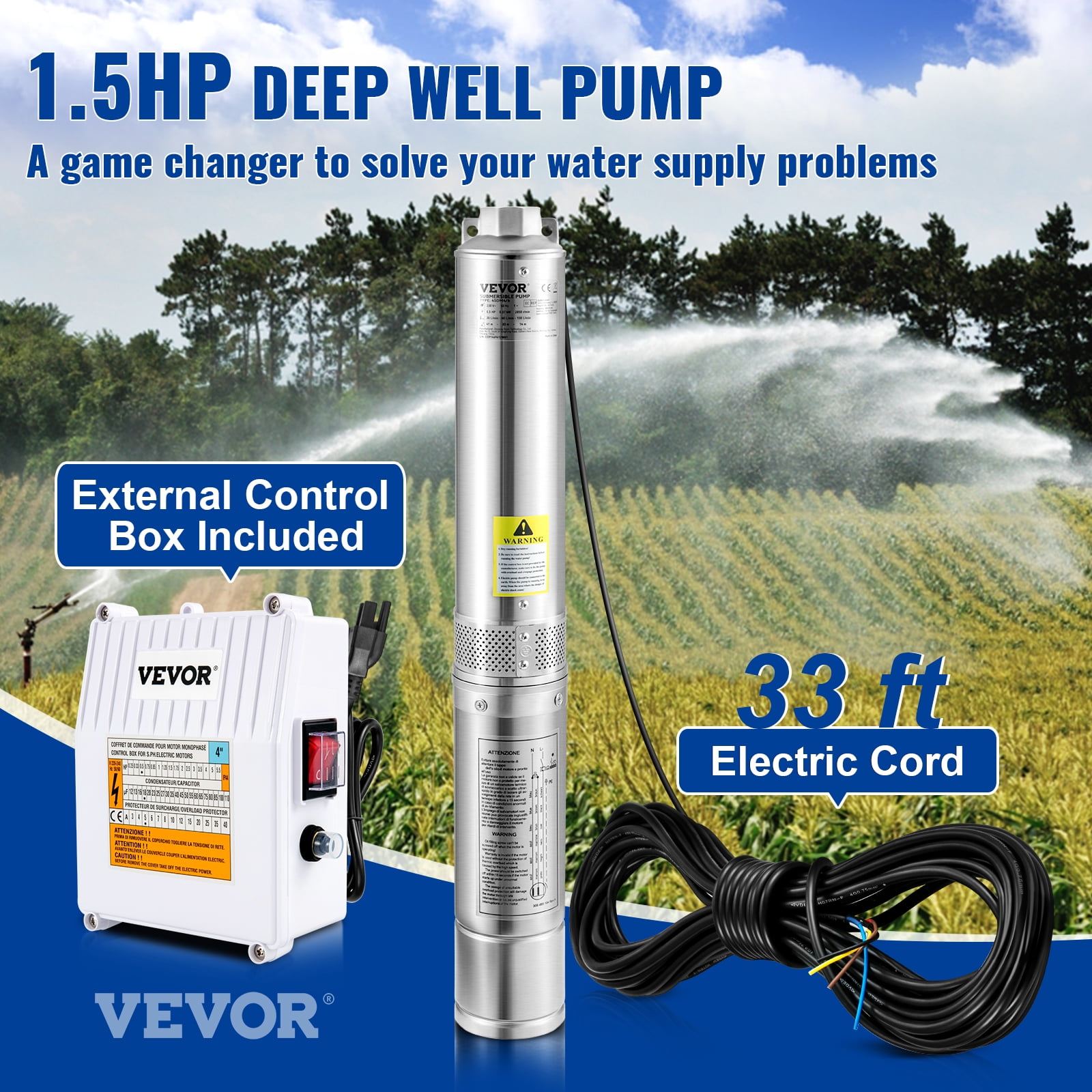 VEVOR 1.5HP 115V/60Hz Deep Well Submersible Pump,4-In Stainless Steel Water Pump,37GPM, 276ft Head, 8-Stage Impeller, 33ft Cord & External Control Box