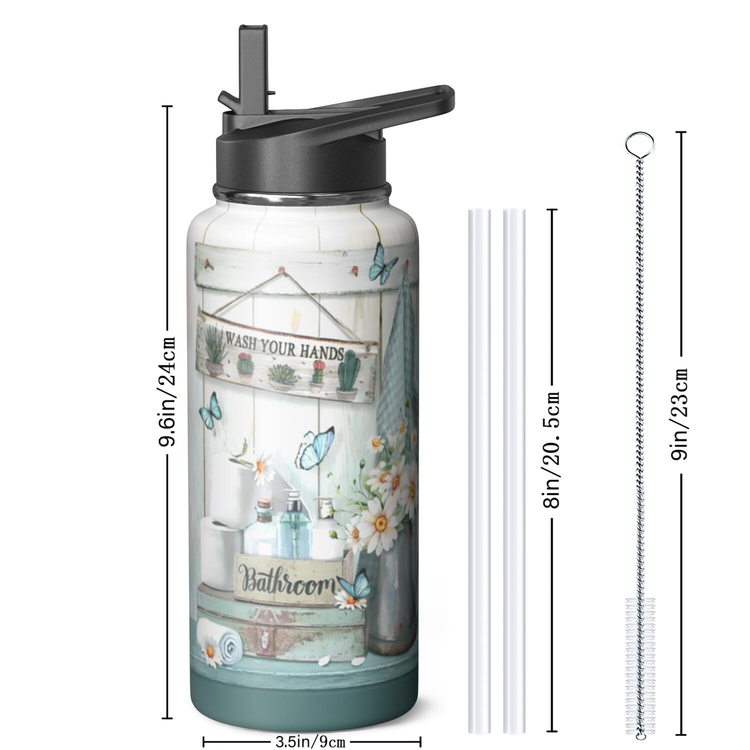 Stainless Steel 32oz Triple Layer Insulated Farmhouse Themed Water Bottle with Straw, Leak Proof Lids for Sports, Travel, Gym For All Genders