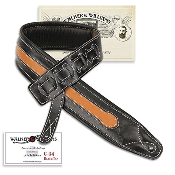 Walker & Williams C-34-TN black and tan super premium top grain leather padded strap 3 1/4" wide