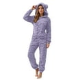 thumbnail image 3 of Womens Fleece Onesies Pajamas Warm Sherpa Romper Sleepwear One Piece Loungewear with Bear Ear (Purple M), 3 of 8