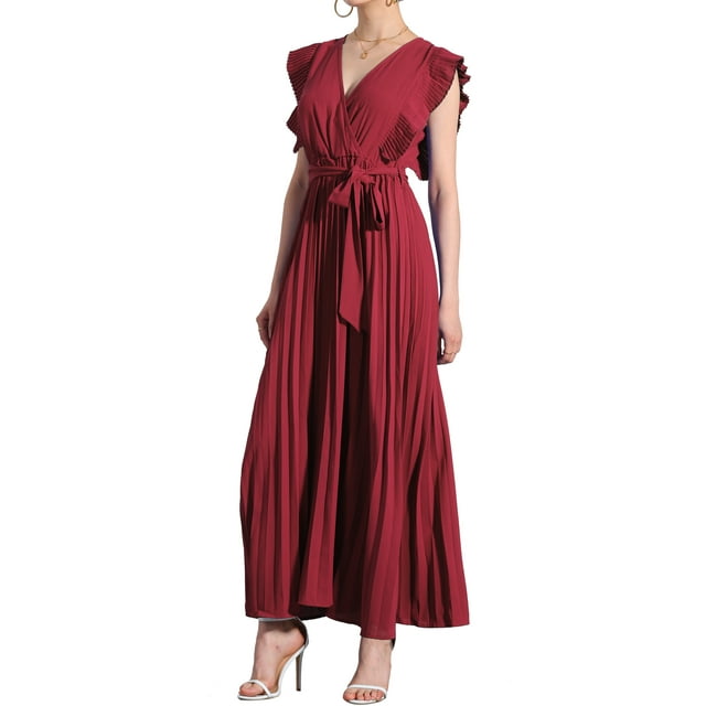Vestido largo con escote en V y volantes Inspire Chic para mujer, rojo