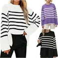 thumbnail image 3 of Lovskoo 2024 Sweaters for Women Striped Long Sleeve Crew Neck Side Slit Oversized Pullover Sweater Tops Purple, 3 of 3