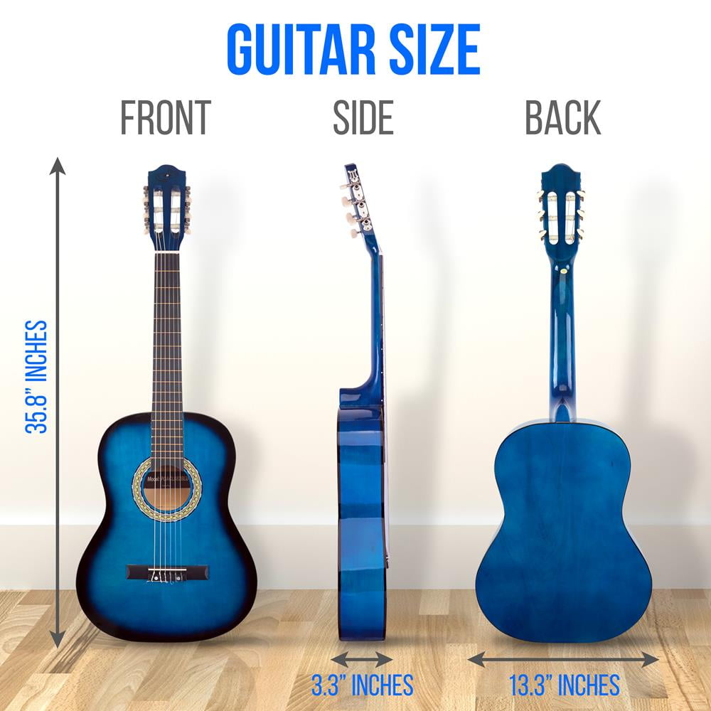 Beginner Classical Acoustic Guitar - 3/4 Junior Size 6 String Linden Wood Guitar w/ Gig Bag, Tuner, Nylon Strings, Picks, Strap, For Beginners, Adults - Pyle PGACLS82BLU (Blu