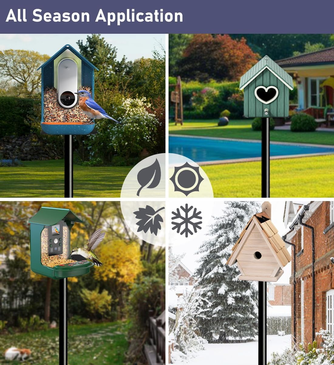 105 Inch Smart Bird Feeder Pole with 5-Prong Base, Adjustable Bird House Pole Mount Kit for Outdoors, Heavy Duty Bird Feeder Stand for Wild Birds Watching, Black