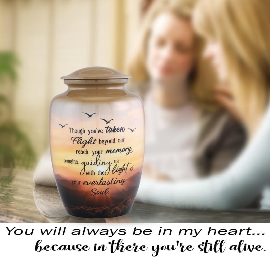 Soulful Flight Cremation Urn for Adult Ashes Sunset Memorial Urn with Birds Large Metal Funeral Urn for Human Ashes Holds Up to 210 Cu In 6.5x6.5x9.75 Inch