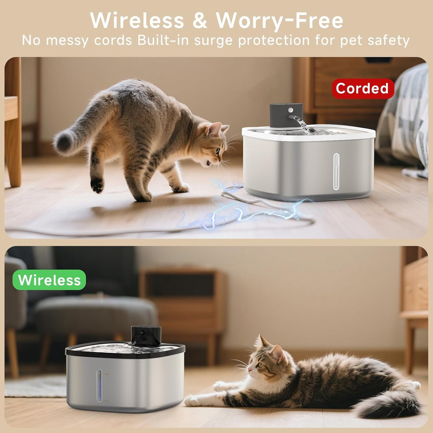 Cordless Stainless Steel Cat Water Fountain with Motion Sensor, Ultra Quiet Pump, Rechargeable & Multi-Filtration, 118oz/3.5L Automatic Pet Water Dispenser Indoor