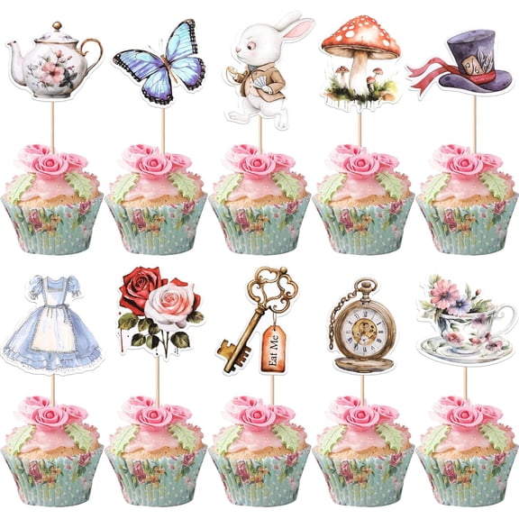 40 Pack Wonderland Theme Cupcake Toppers Key Rabbit Butterfly Alice Girl Cupcake Picks Mad Hatter Flower Tea Party Decorations for Baby Shower Birthday Party Cake Decorations