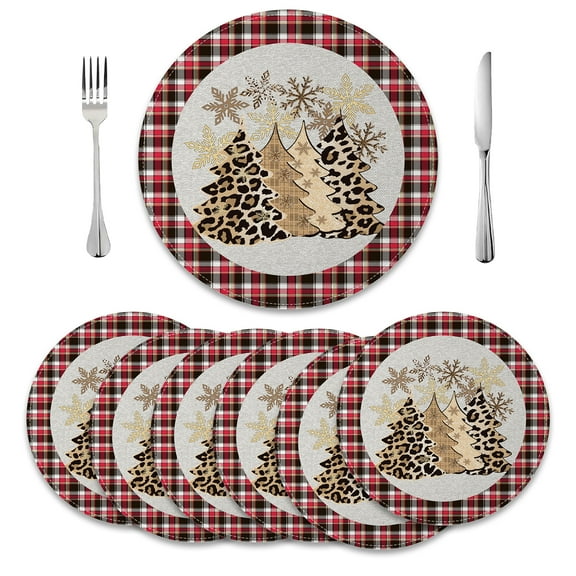 MIZHONA Christmas Round Placemats Set of 6 Xmas Tree Table Mat 14 inch for Kitchen Dining Table Decoration