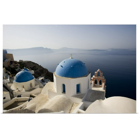Great BIG Canvas | "Blue domed churches in Santorini, Greece" Art Print - 36x24