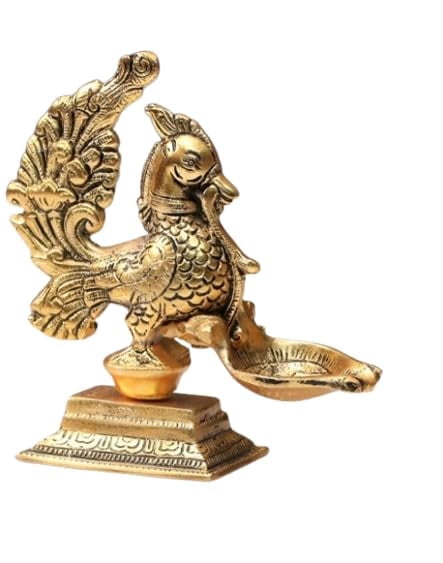 Decorative Diya Deepak Pooja Peacock Design Puja Item Brass Oil Lamp for Pooja Aarti Diya Lighting Pooja Kit Lanterns Lamps Indian Traditional Festival Diwali Decorations(Size-Height:-4") (Peacock-2)