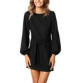thumbnail image 3 of PRETTYGARDEN Robe Courte Élégante pour Femme à Manches Longues Lanterne, Col Ras du Cou, Taille à Nouer, Robe de Cocktail en Tricot (Noir, Grand), 3 of 4