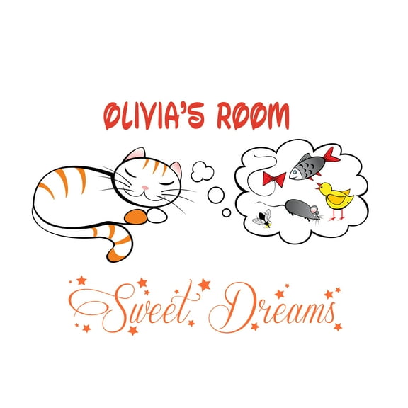 Personalized Name Animal Wall Decal Cat is Sleeping and Watching Dreams Custom Name Bedroom Wall Decal for boys and girls Cat Sweet Dreams Themed Kids Room Décor - Size: 20 In x 14 In