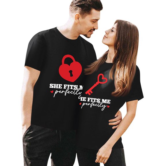 Valentine Tshirts for Couples Women Men Love Together Forever Printed Shirt His and Her Shirts Sets Tops Black 3XL