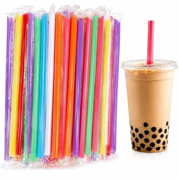 Novalora [Individually Wrapped] 100 Pcs 10.2" Extra Long Boba Smoothie Plastic Straws for 32 Oz Cups Tumblers - 0.45" Diameter Wide-Mouthed Large Jumbo