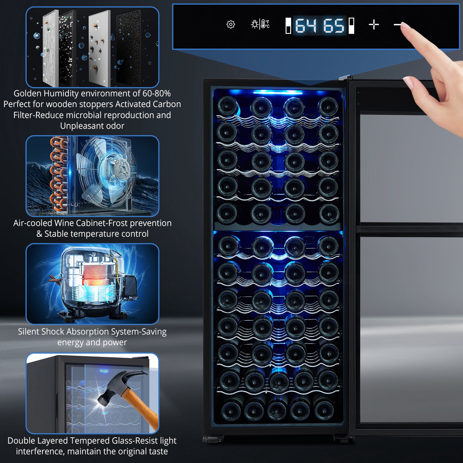 80 Bottles Compressor Wine Cooler Refrigerator, Freestanding Wine Cellar, Single Glass Door, Dual Zone with Digital LED Touch Control, For Red, White, Champagne or Sparkling Wine