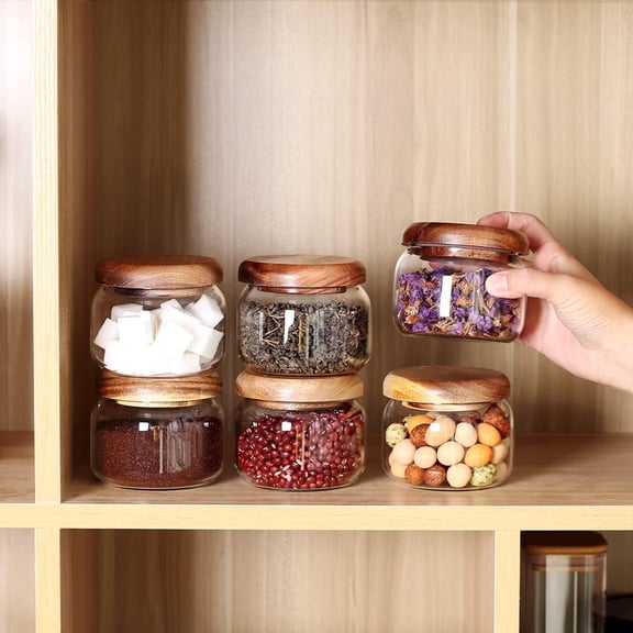 Set of 5 Kitchen Canisters,Thick, Stackable, Natural Style,Cookie, Rice and Spice Jars - Sugar or Flour Container - Big and Small Airtight Food Jar for Pantry