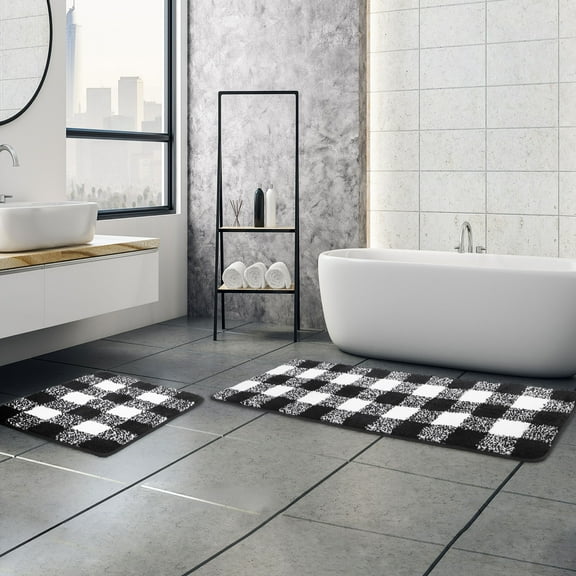 REGALWOVEN Microfiber Plaid Bathroom Rugs, 2 Pcs Extra Soft Fluffy Absorbent Bath Rug Black & White 17"x24"&17"x47"