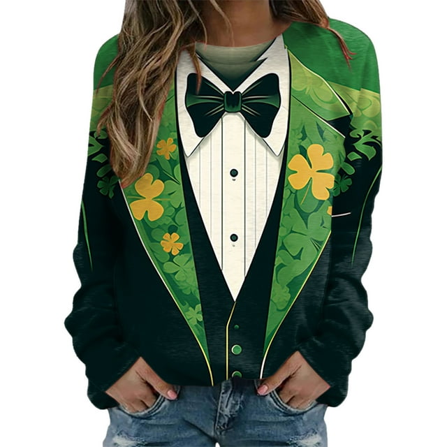 VBARHMQRT Chandail à Capuchon Couverture Portable Femmes St Pa Day T-Shirts Col Rond Chandail Vert Manches Raglan Chandail à Enfiler Hauts Amples Convenant Hauts Habillés