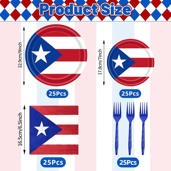 UDGIU-100 Pcs Puerto Rico Flag Party Supplies - Serves 25, Red White Blue Disposable Tableware, Includes Paper Plates, Napkins, and Plastic Forks for Puerto Rican Fiesta, National Day, Cultural Celeb