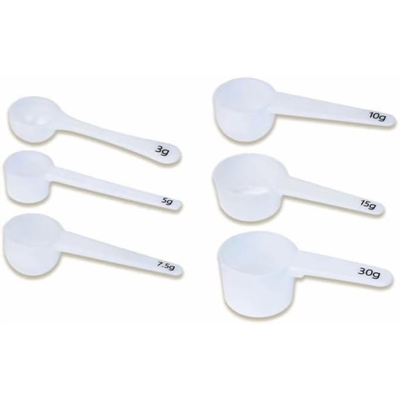 Measure spoons | measuring spoons set of 6 | exact dosing 3 gram scoop, 5 gram scoop, 7,5g, 10g, 15g, 30g | kitchen measuring set for powder and liquids | plastic medicine spoon and cups