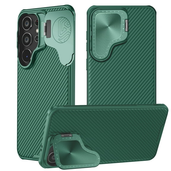SaniMore for Samsung Galaxy S24 Case with Camera Cover Foldable Bracket Skin-feel Carbon Fibre Slim Fit Lightweight Anti-scracth Drop Resistant Shockproof Protetcive Rugged Shell, Darkgreen