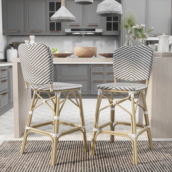 Stella Aluminum and PE Wicker Chevron Pattern Patio Bar Chairs, Set of 2, Black