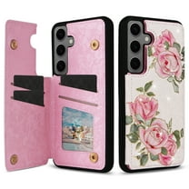 Allytechgroup for Samsung Galaxy S25 Case with Card Holder, Stylish Flower with Glitter Bling Rhinestone Stand Shockproof Slim Fit Bumper Wallet Case for Samsung Galaxy S25, Rose