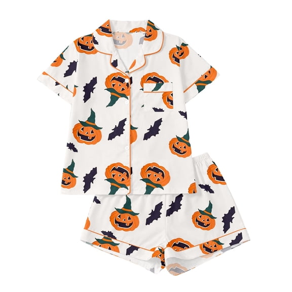 Puliio Halloween Womens Pajamas Set Pumpkin Print Short Sleeve Button Down Nightwear 2 Piece Cozy Sleepwear Loungewear Pjs Sets