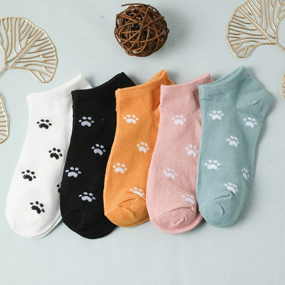 New 5pcs Women's Cute Paw Print Ankle Socks