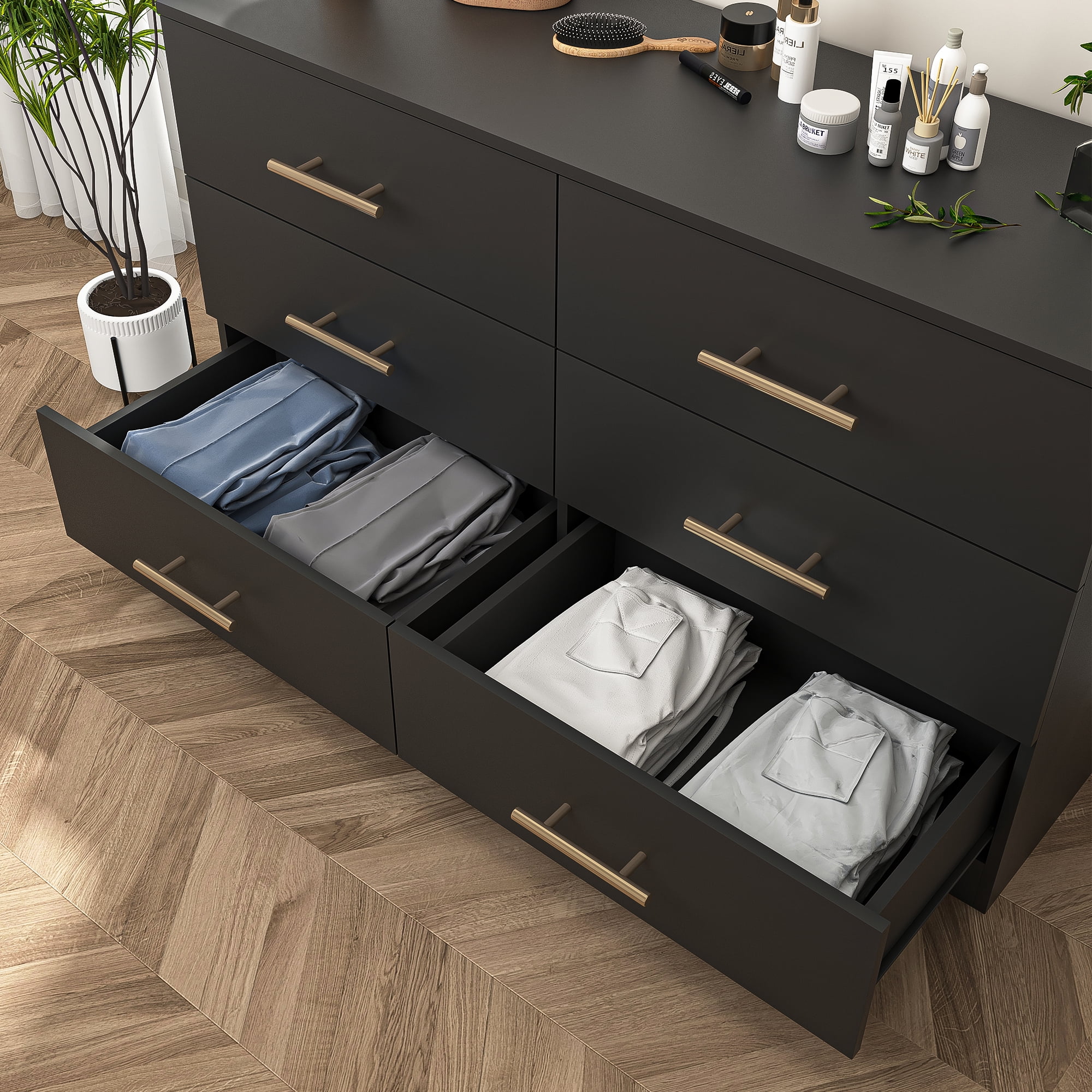 YYAo Wooden 6 Drawer Dresser, Large Modern Chest of 6 Drawers Night Table, TV Stand for 55" TV for Bedroom, Closet, Living Room, Black YYAo Wooden 6 Drawer Dresser, Large Modern Chest of 6 Drawers Night Table, TV Stand for 55" TV for Bedroom, Closet, Living Room, Black