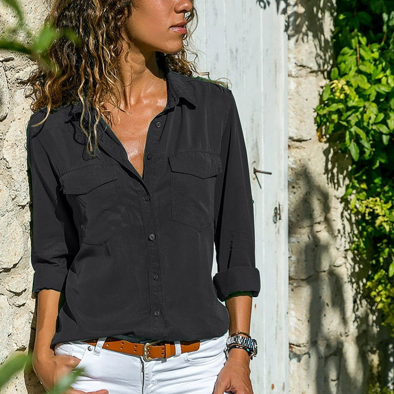 Womens Shirts Fashion Solid Color Lapel Button Down Henley Blouses Vintage Loose Long Sleeve Work Top