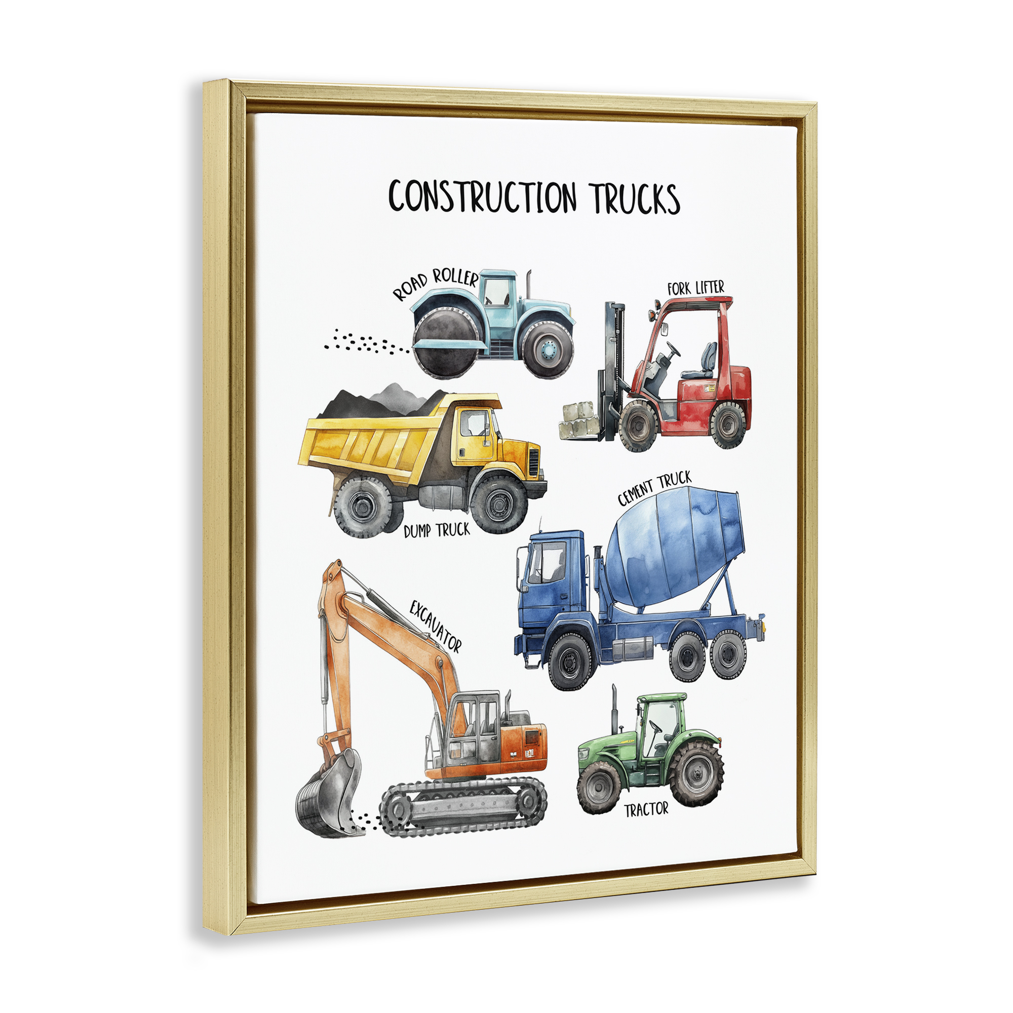 Construction Trucks Machinery Gold Framed Floater Canvas Wall Art, design by Christine Simpson Art