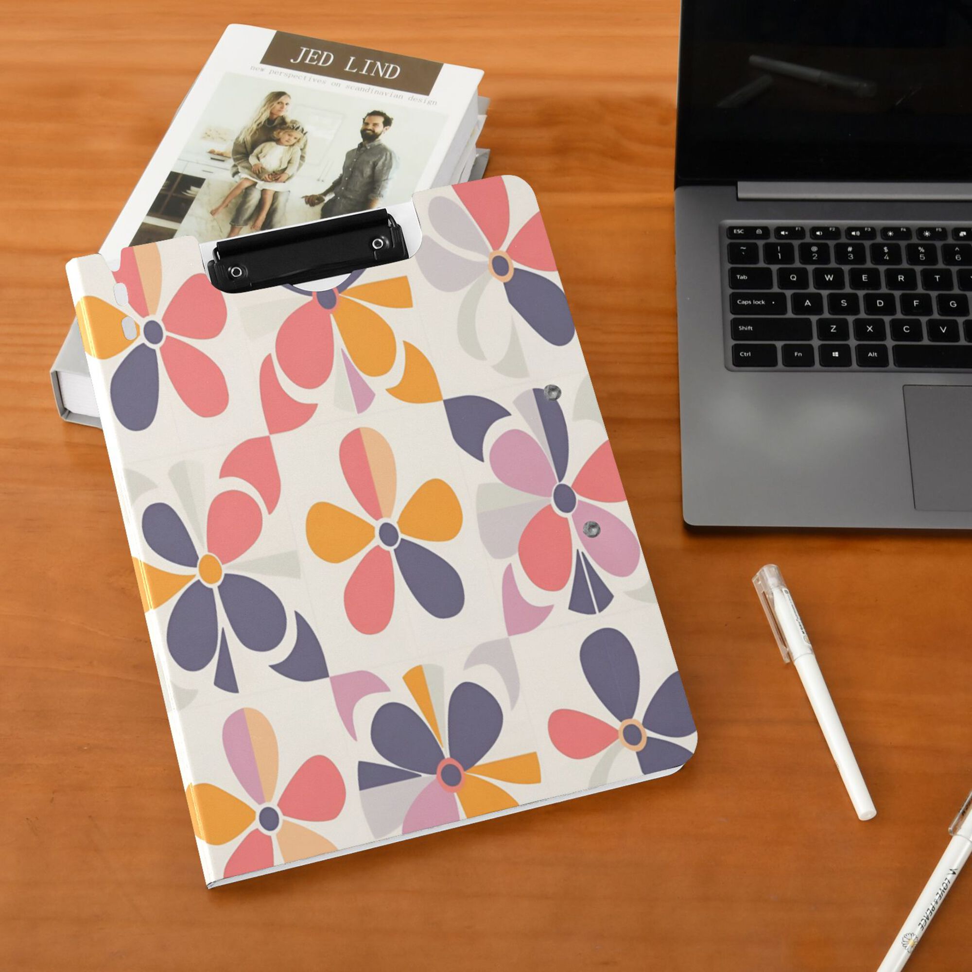 FORMRS A4 Clipboard Folder with Pen Holder Horizontal Foldable School Office Binder, Purple Retro Flower