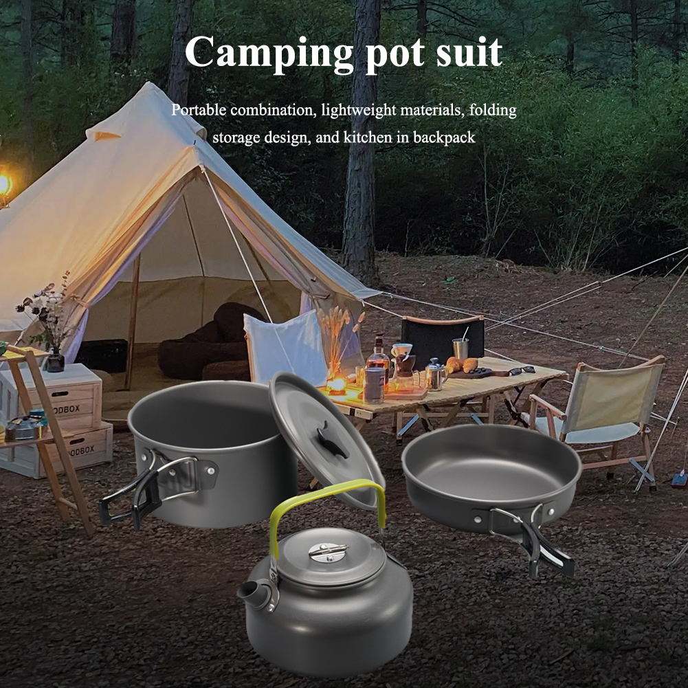 2-3 Person Pot Teapot Combination Set Non-stick Lightweight Pan Cauldron Portable Outdoor Cookware For Hiking