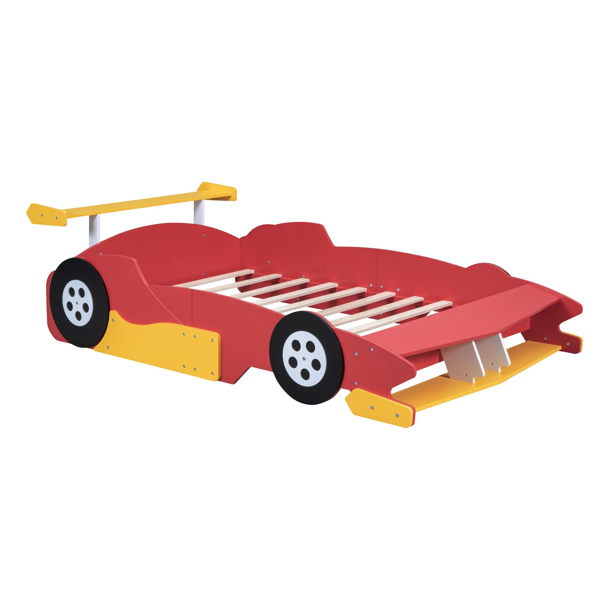 Full Size Race Car-Shaped Platform Bed with Wheels, Unique Race Car Design with Side Rails, Sturdy Plywood Construction, No Box Spring Needed, for Bedroom, Red