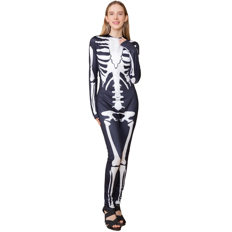 Notus Skeleton Bodysuits for Halloween Women's Sexy Skeleton Costume Cosplay Bodysuit Outfit Zip Up Jumpsuit Black S