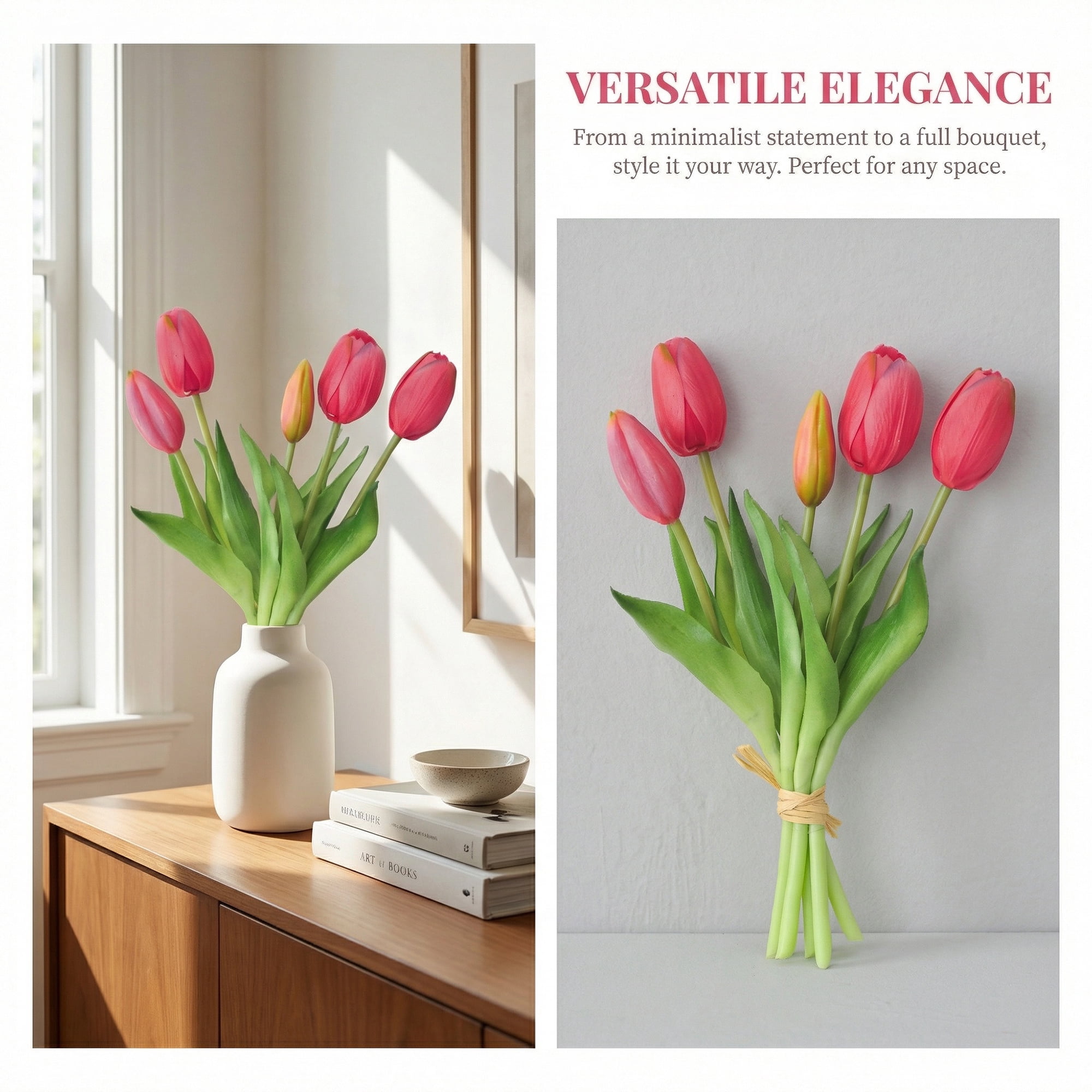 Unique Bargains Artificial Tulips Flowers 5 Pcs Silk Tulips Mini Bouquet [Rose Red] 9.8 in