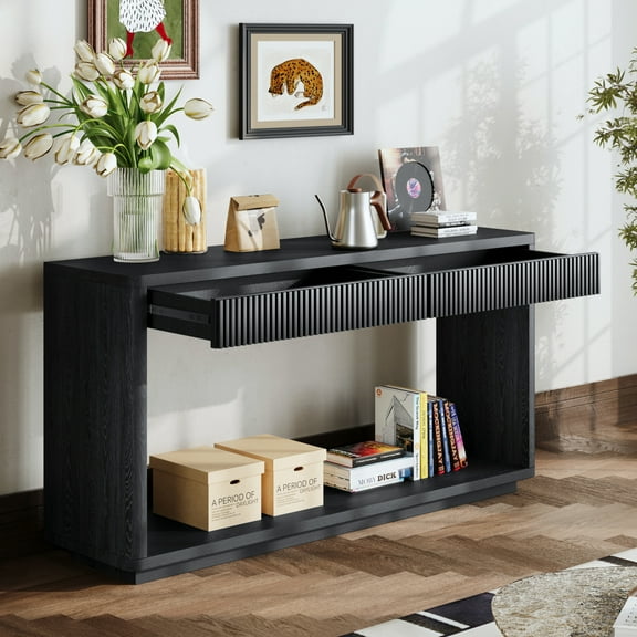 Noble House Weyburn 60" Fluted Console Table, Wood Veneer, with Drawers & Storage, for Living Room, Hallway, Black