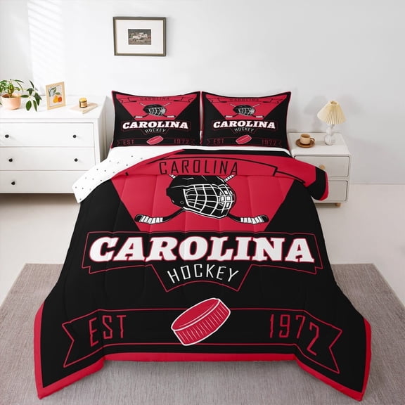 jejeloiu Carolina Queen Comforter Set,Ball Game Lover Bedding Sets,Ice Hockey City Bedding Comforter Set For Children,Super Cozy Room Decor Reversible,3pcs