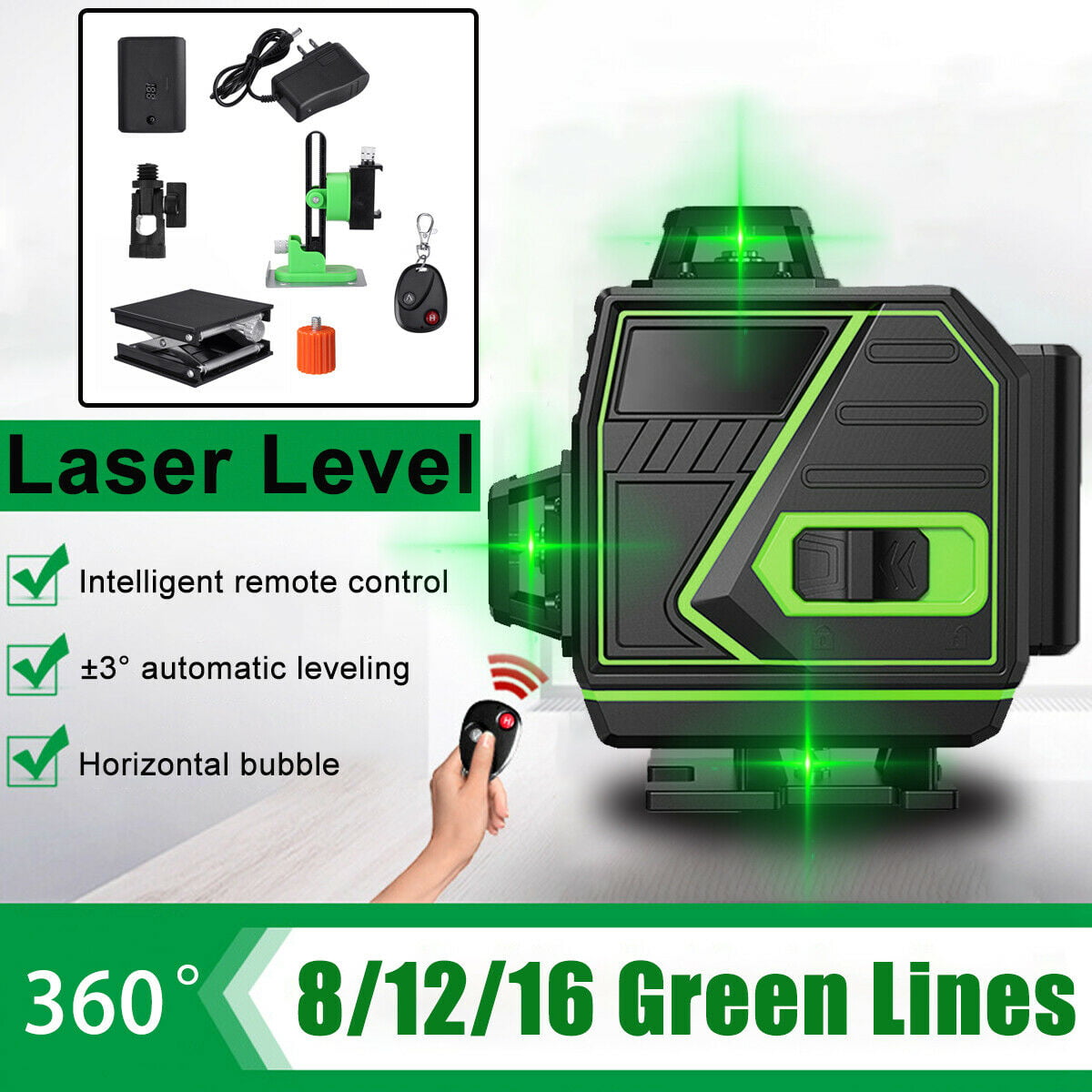 12/16 Lines Green Laser Level Cross Line 360° Self-Leveling LCD Measure Tool Kit 