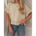 thumbnail image 2 of PUWEI Women's Crochet Short Sleeves Sweater Round Neck Ruffled Hem Pullover Casual Knit Top Blouse, 2 of 7