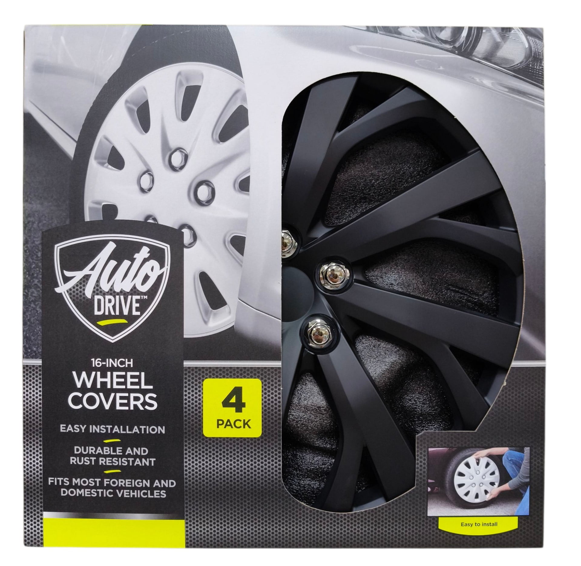16-inch Black Wheel Covers (Hubcaps) - Set of 4 - Fits Most Cars
