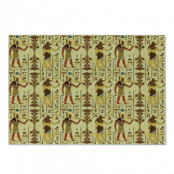 Egyptian Print Cutting Board, Characters and Hieroglyphs Retro Grunge Aged Paper Style Backdrop, Decorative Tempered Glass Cutting and Serving Board, Small Size, Multicolor, by Ambesonne