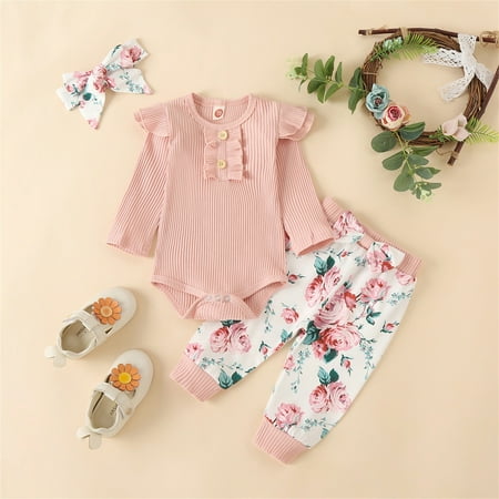

NIUREDLTD Baby Girls Cotton Floral Autumn Long Sleeve Pants Romper Bodysuit Headbands Set Clothes