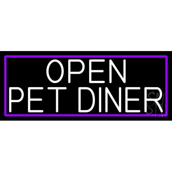 White Open Pet Diner With Purple Border LED Neon Sign 13" Tall x 32" Wide - inches Black Square Cut Acrylic Backing, with Dimmer - Premium built indoor Sign for Décor, Event, Workshop, Storefront.