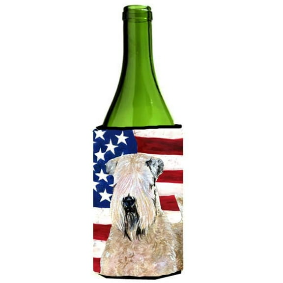 Usa American Flag With Wheaten Terrier Soft Coated Wine Bottle   Hugger - 24 oz.